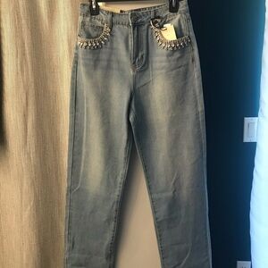 Blue Straight Leg High-Waisted Jeans